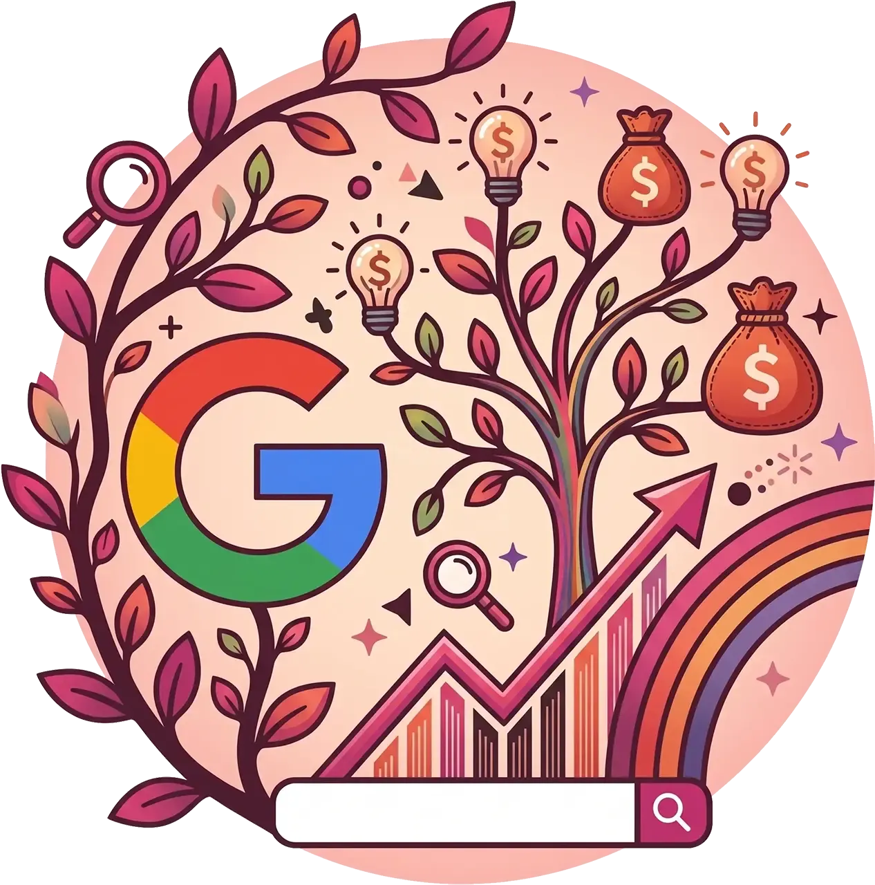 Google logo with tree and vines around search icons and money symbols