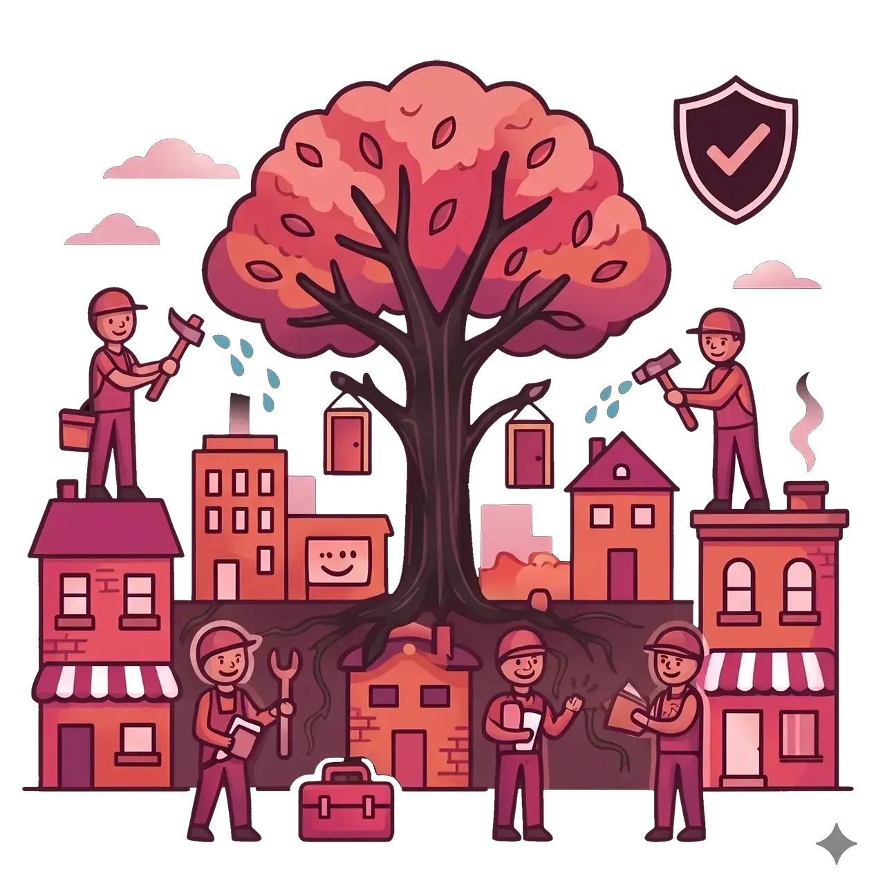 various blue collar workers with tools in a small city beneath a growth symbol