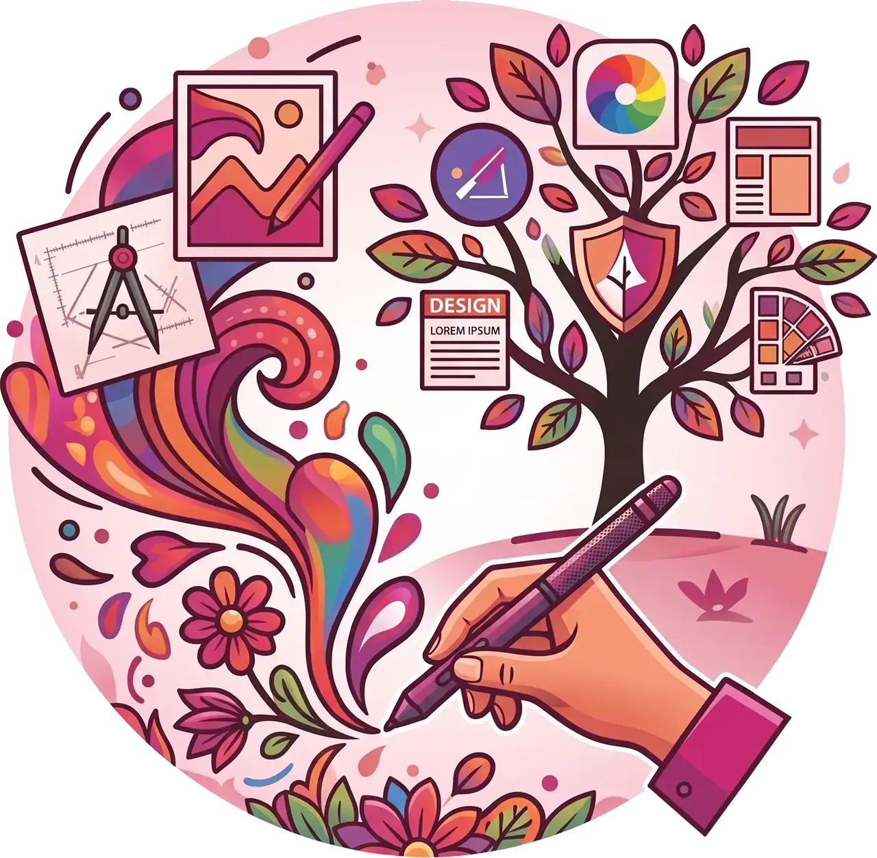 hand with digital drawing pen and various graphic design elements